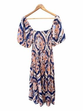 Moon River Navy and Peach Floral Puff-Sleeve Midi Dress